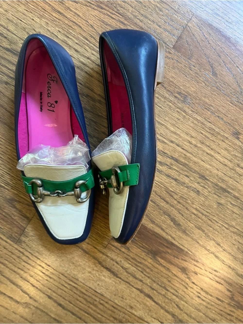Women's Two-Tone Leather Loafers in Navy, Cream & Green